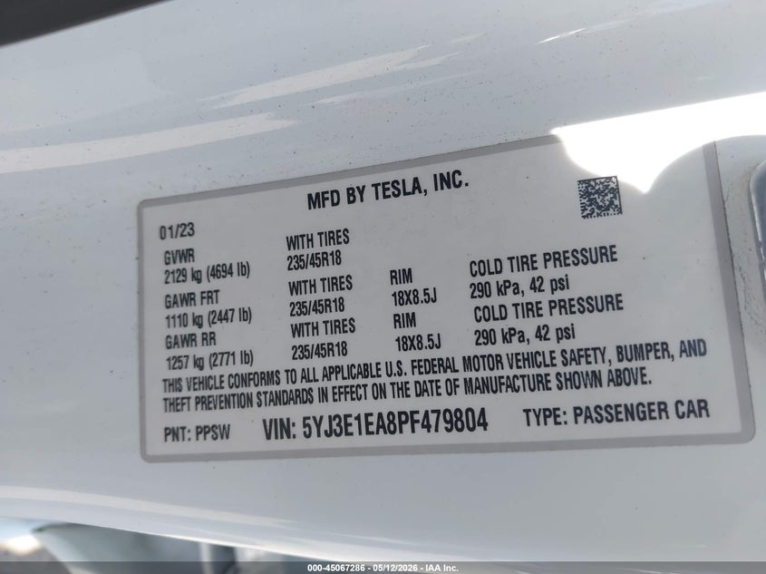 2023 Tesla Model 3 VIN 5YJ3E1EA8PF479804 IAAI salvage auction — LEFT FRONT, Salvage (Arizona), sold $5,100 on 2026-07-06 (photo 9)