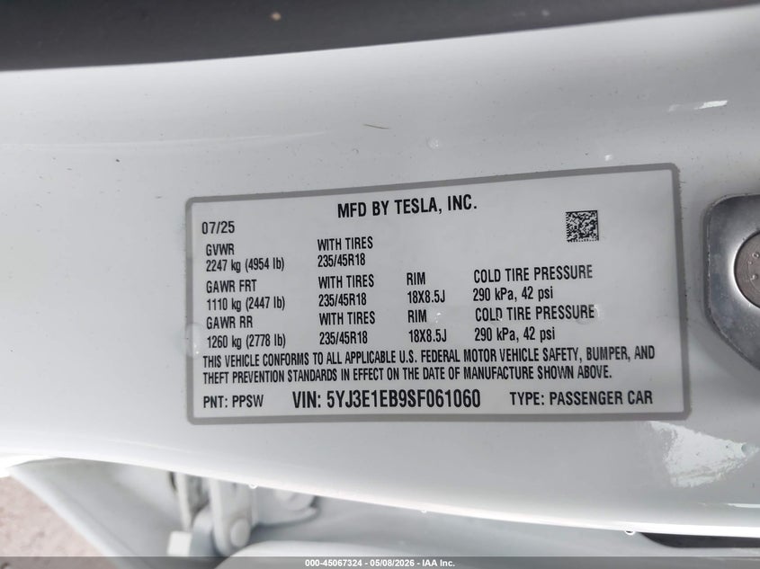 2025 Tesla Model 3 VIN 5YJ3E1EB9SF061060 IAAI salvage auction — HAIL, Salvage (Ohio), sold $21,250 on 2026-07-07 (photo 9)