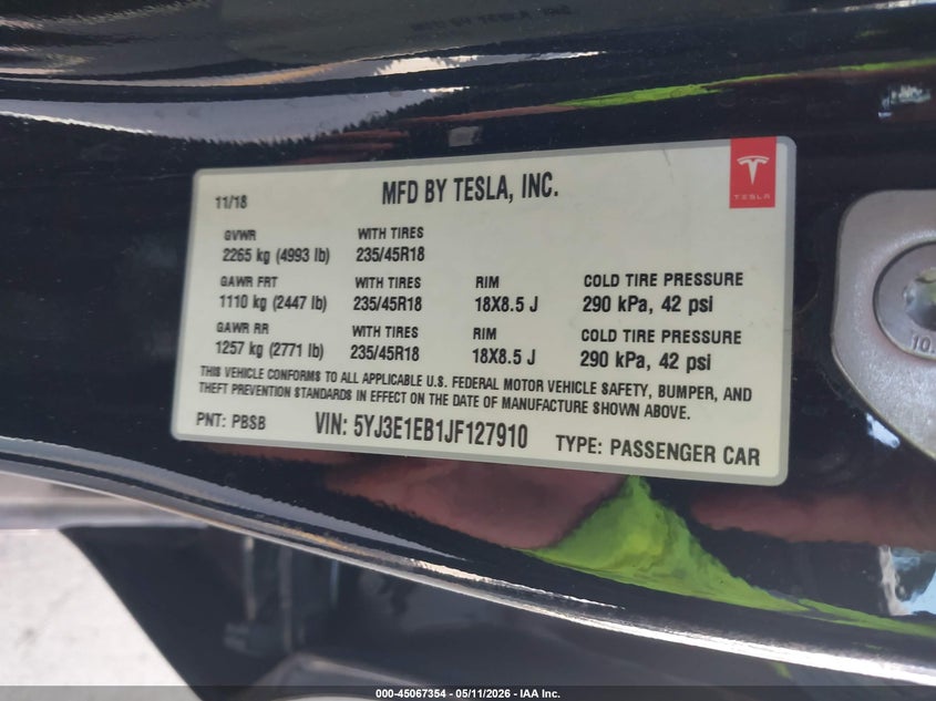 2018 Tesla Model 3 VIN 5YJ3E1EB1JF127910 IAAI salvage auction — FRONT END, Salvage (California), sold $4,550 on 2026-07-29 (photo 9)