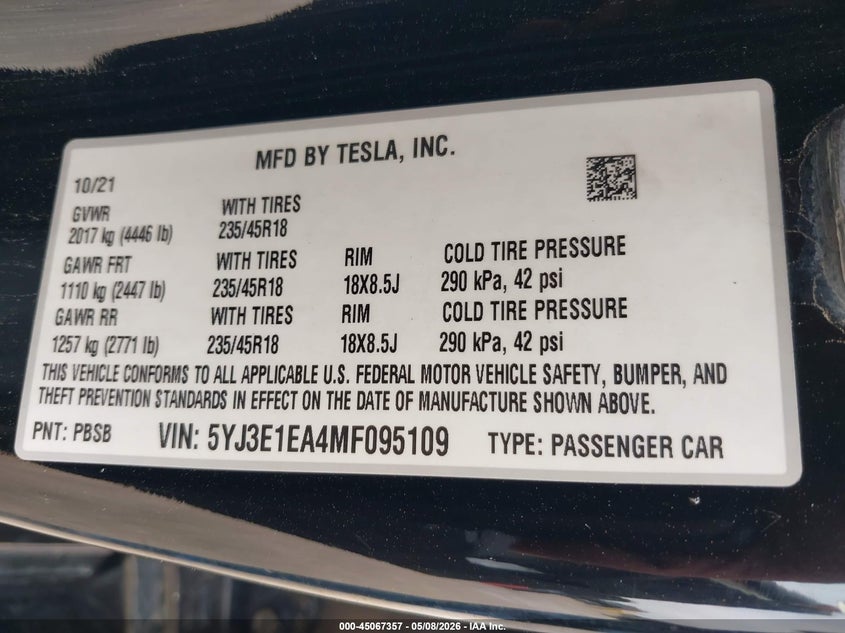 2021 Tesla Model 3 VIN 5YJ3E1EA4MF095109 IAAI salvage auction — RIGHT FRONT, Salvage (Texas), sold $4,300 on 2026-07-08 (photo 9)