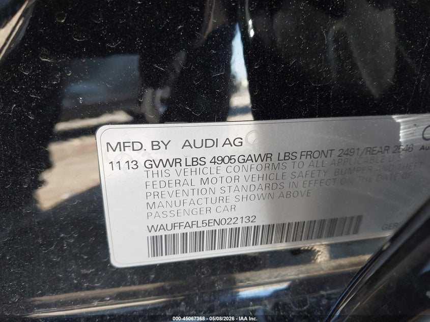 2014 Audi A4 VIN WAUFFAFL5EN022132 IAAI salvage auction — FRONT END, Clear (Wisconsin), sold $2,200 on 2026-07-14 (photo 9)