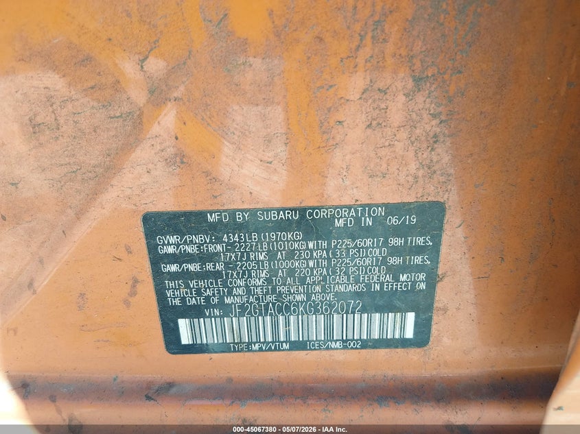 2019 Subaru Xv VIN JF2GTACC6KG362072 IAAI salvage auction — FRONT END, Salvage (Alabama), sold $625 on 2026-07-13 (photo 9)