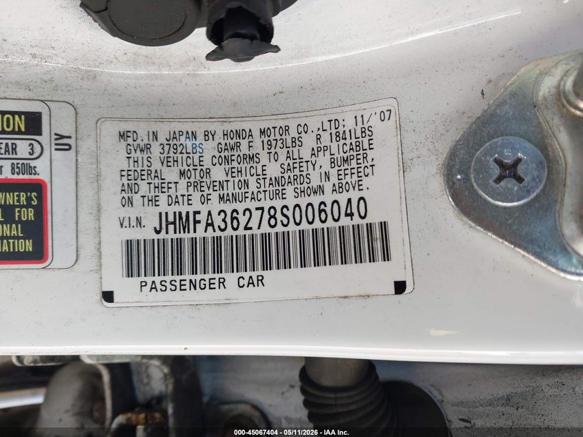 2008 Honda Civic VIN JHMFA36278S006040 IAAI salvage auction — RIGHT FRONT, Clear (Indiana), sold $275 on 2026-07-09 (photo 9)