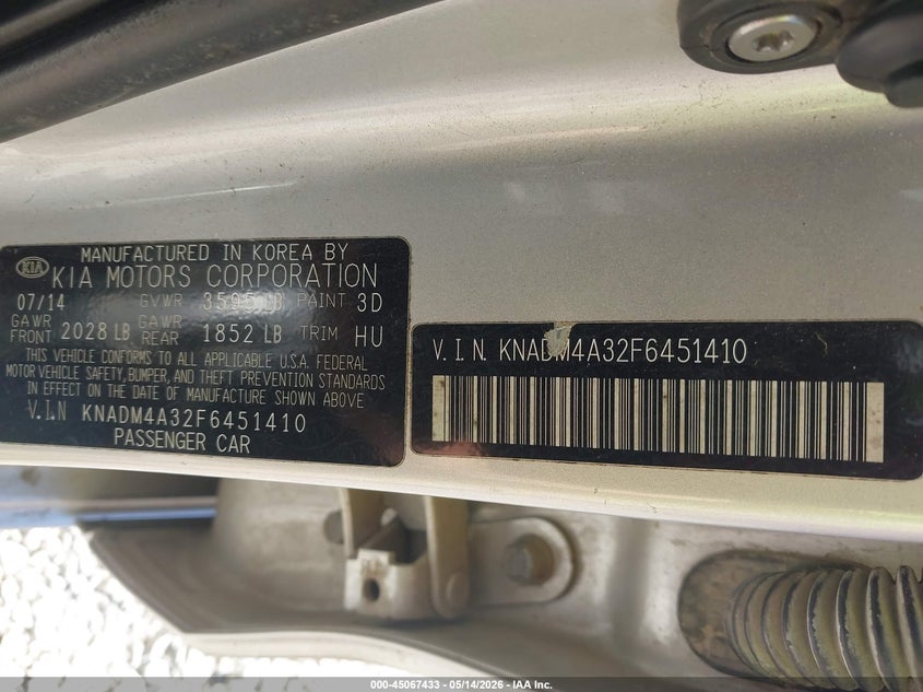 2015 Kia Rio VIN KNADM4A32F6451410 IAAI salvage auction — REAR END, Salvage (Kentucky), sold $300 on 2026-07-28 (photo 9)