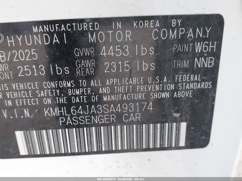 2025 Hyundai Sonata VIN KMHL64JA3SA493174 IAAI salvage auction — LEFT FRONT, Non-Repairable (Texas), sold $7,800 on 2026-07-06 (photo 9)