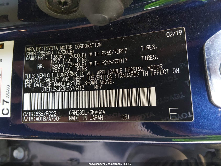2019 Toyota 4runner VIN JTEBU5JR3K5678413 IAAI salvage auction — FRONT END, Salvage (Nebraska), sold $7,300 on 2026-07-16 (photo 9)