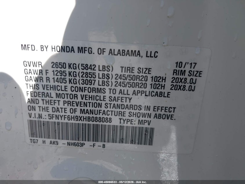 2017 Honda Pilot VIN 5FNYF6H9XHB088088 IAAI salvage auction — FRONT END, Salvage Title, sold $8,050 on 2026-09-02 (photo 9)