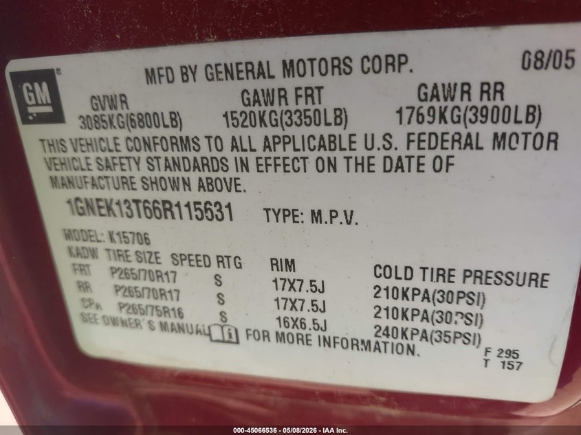2006 Chevrolet Tahoe VIN 1GNEK13T66R115631 IAAI salvage auction — NORMAL WEAR, Clear-Dealer Only (North Carolina), sold $750 on 2026-07-06 (photo 9)