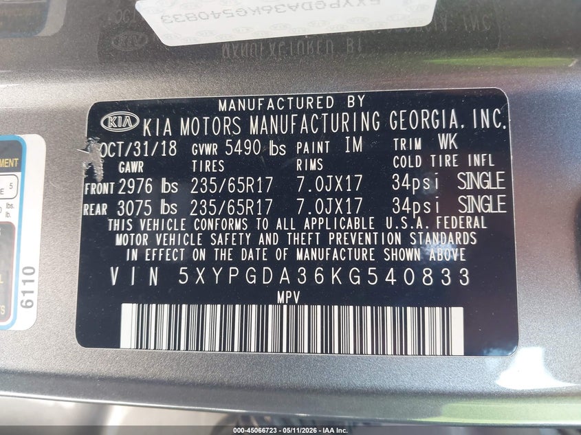 2019 Kia Sorento VIN 5XYPGDA36KG540833 IAAI salvage auction — FRONT END, Salvage (New Hampshire), sold $50 on 2026-07-29 (photo 9)