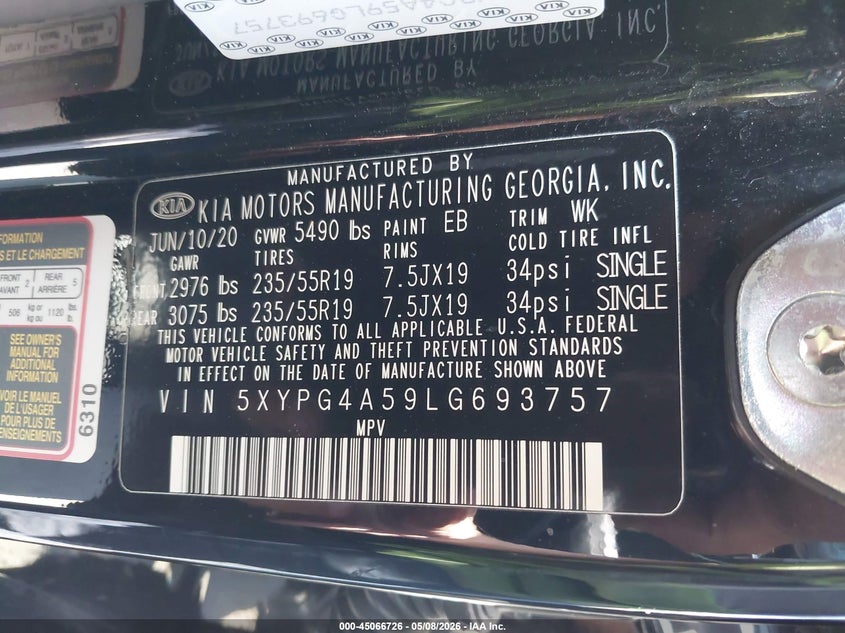 2020 Kia Sorento VIN 5XYPG4A59LG693757 IAAI salvage auction — FRONT END, Salvage Title, sold $2,300 on 2026-09-02 (photo 9)