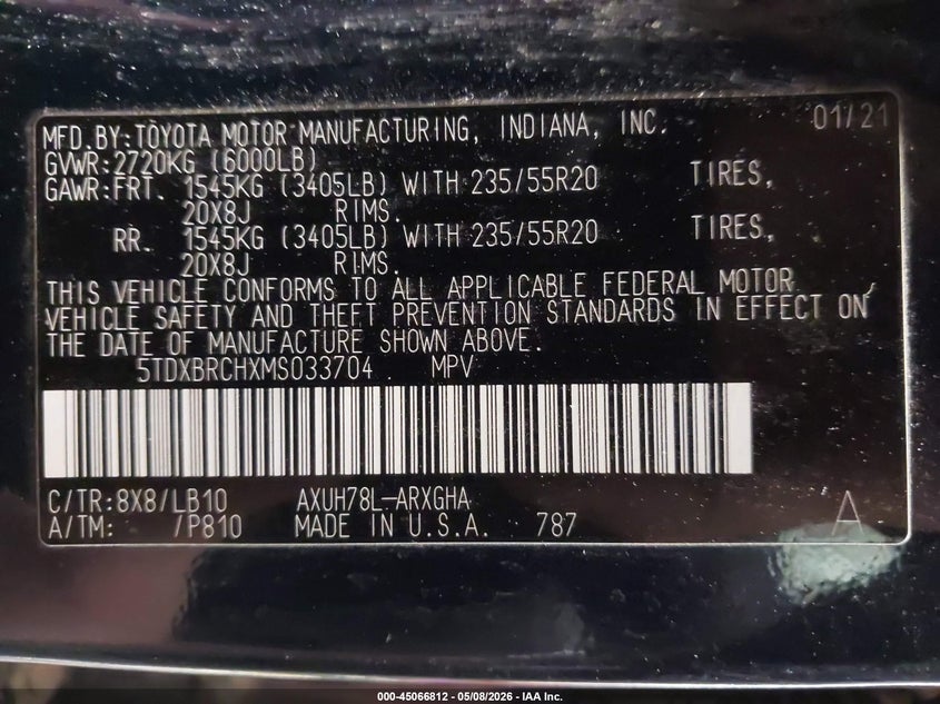 2021 Toyota Highlander VIN 5TDXBRCHXMS033704 IAAI salvage auction — ROLLOVER, Regular (South Dakota), sold $5,125 on 2026-07-07 (photo 9)