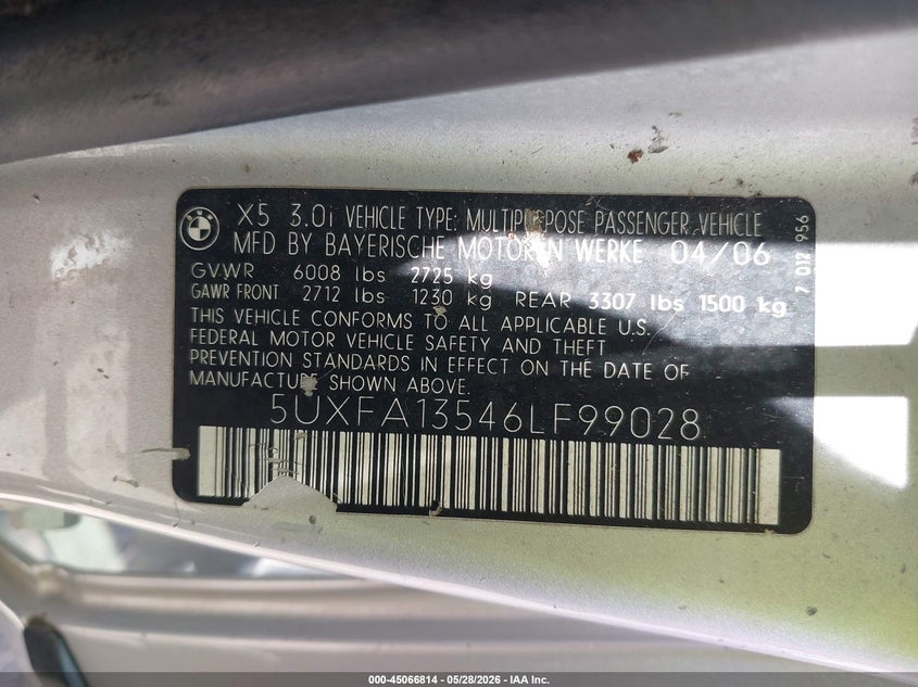 2006 BMW X5 VIN 5UXFA13546LF99028 IAAI salvage auction — NORMAL WEAR, Clear (Hawaii), sold $1,125 on 2026-07-21 (photo 9)
