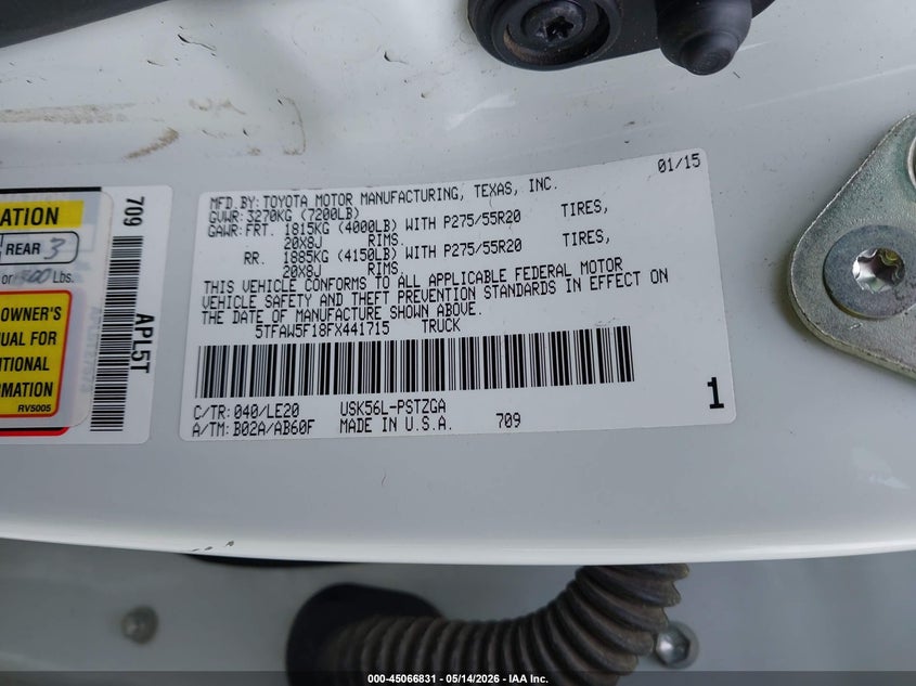 2015 Toyota Tundra VIN 5TFAW5F18FX441715 IAAI salvage auction — REPOSSESSION, Clear (North Carolina), sold $5,100 on 2026-07-31 (photo 9)