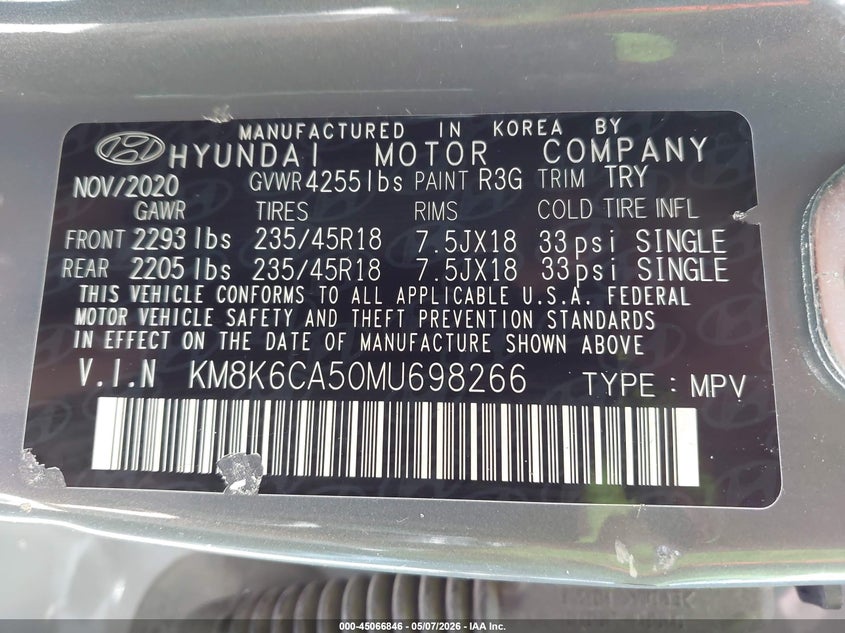 2021 Hyundai Kona VIN KM8K6CA50MU698266 IAAI salvage auction — REAR END, Salvage (Iowa), sold $4,300 on 2026-07-09 (photo 9)