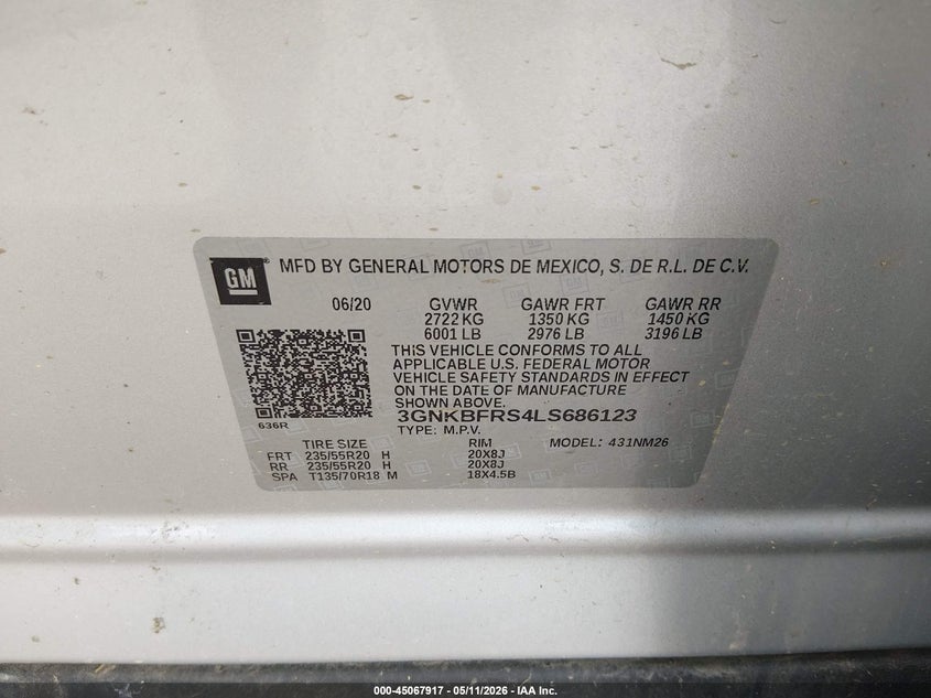 2020 Chevrolet Blazer VIN 3GNKBFRS4LS686123 IAAI salvage auction — RIGHT SIDE, Salvage (Mississippi), sold $6,000 on 2026-07-09 (photo 9)