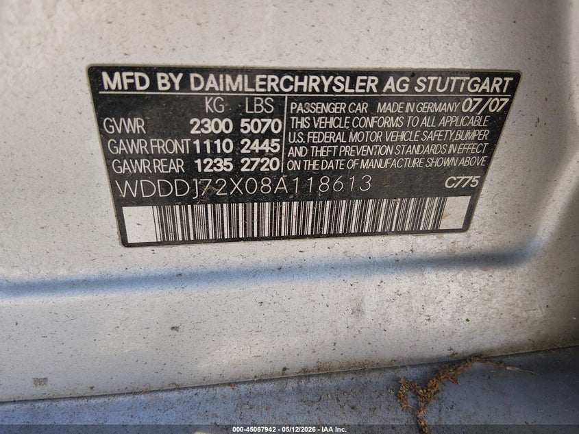2008 Mercedes-benz Cls-class VIN WDDDJ72X08A118613 IAAI salvage auction — NORMAL WEAR, Clear-Dealer Only (Montana), sold $675 on 2026-07-13 (photo 9)