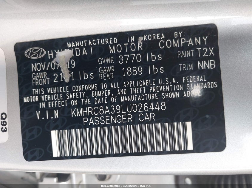 2020 Hyundai Venue VIN KMHRC8A39LU026448 IAAI salvage auction — RIGHT FRONT, Salvage (California), sold $2,300 on 2026-07-22 (photo 9)