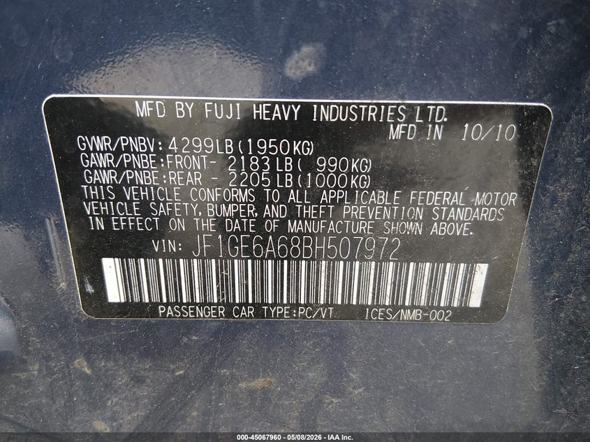 2011 Subaru Impreza VIN JF1GE6A68BH507972 IAAI salvage auction — BIO HAZARD, Clear (Washington), sold $275 on 2026-07-15 (photo 9)
