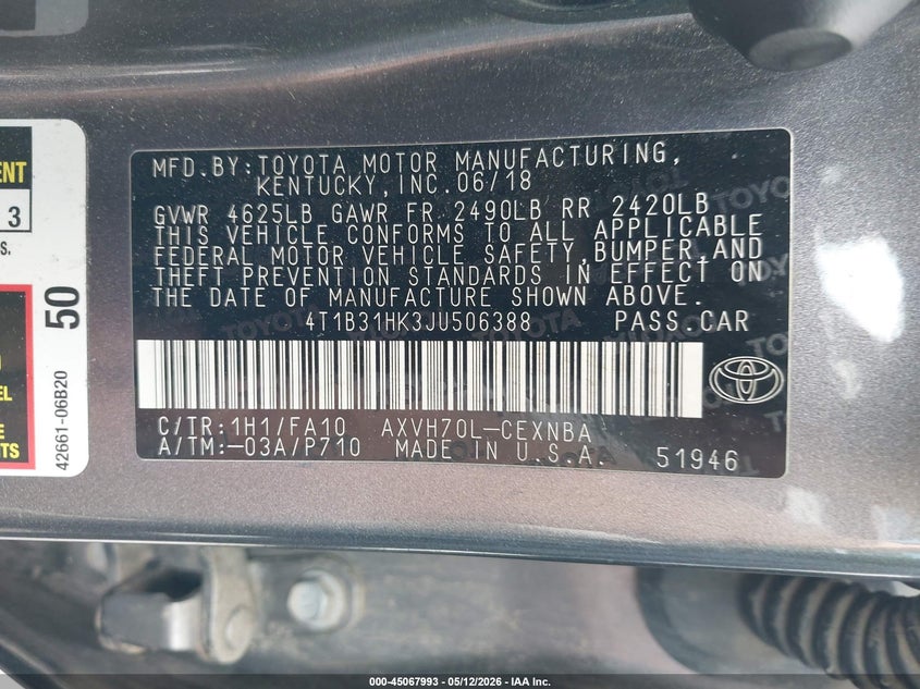 2018 Toyota Camry VIN 4T1B31HK3JU506388 IAAI salvage auction — RIGHT FRONT, Salvage Certificate (California), sold $3,000 on 2026-08-07 (photo 9)