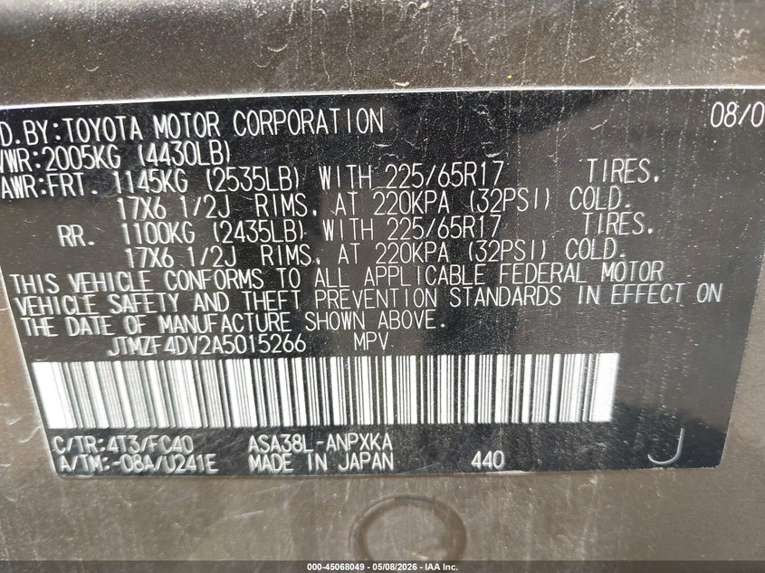 2010 Toyota Rav 4 VIN JTMZF4DV2A5015266 IAAI salvage auction — FRONT & REAR, Original (Texas), sold $2,050 on 2026-07-07 (photo 9)