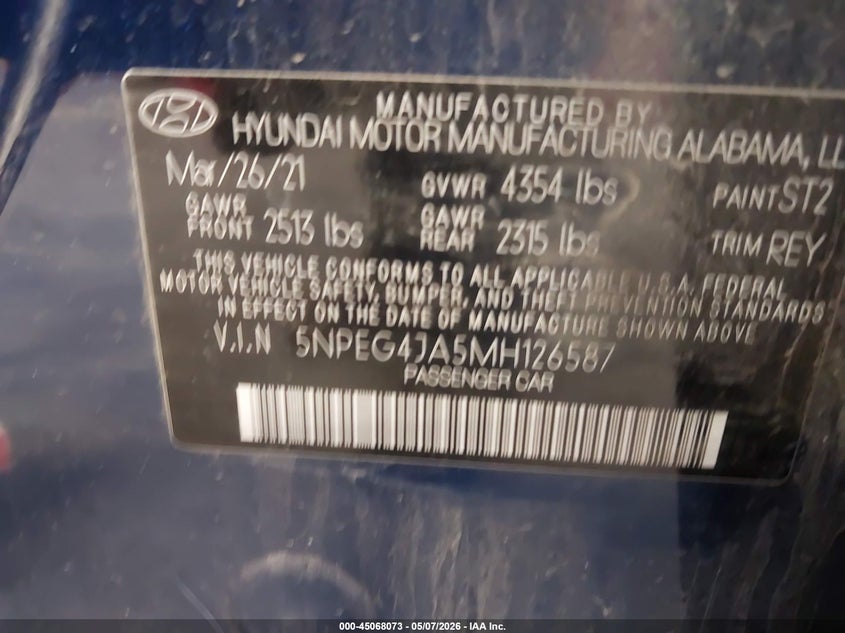 2021 Hyundai Sonata VIN 5NPEG4JA5MH126587 IAAI salvage auction — RIGHT SIDE, Salvage (Colorado), sold $2,150 on 2026-07-29 (photo 9)