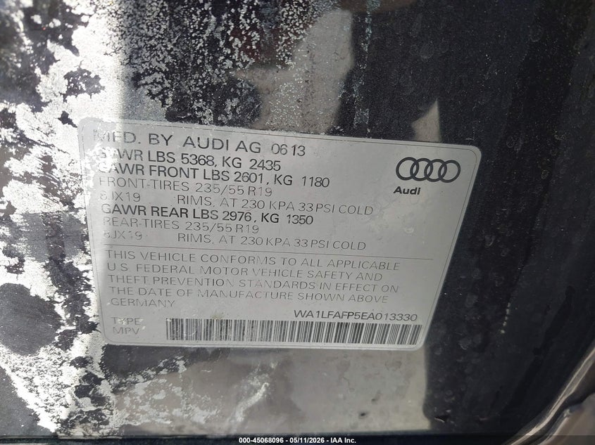 2014 Audi Q5 VIN WA1LFAFP5EA013330 IAAI salvage auction — Burn Interior, Salvage (California), sold $1,775 on 2026-07-15 (photo 9)