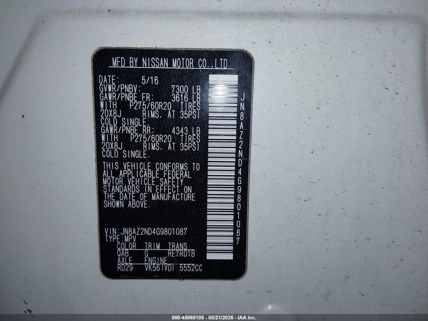 2016 Infiniti Qx80 VIN JN8AZ2ND4G9801087 IAAI salvage auction — FRONT END, Salvage (Idaho), sold $3,675 on 2026-07-17 (photo 9)