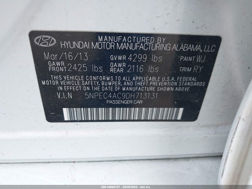 2013 Hyundai Sonata VIN 5NPEC4AC9DH713131 IAAI salvage auction — FRONT END, Salvage (Texas), sold $400 on 2026-07-15 (photo 9)
