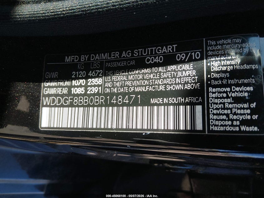 2011 Mercedes-benz C class VIN WDDGF8BB0BR148471 IAAI salvage auction — NORMAL WEAR, Bill Of Sale - Parts Only (Connecticut), sold $475 on 2026-07-09 (photo 9)