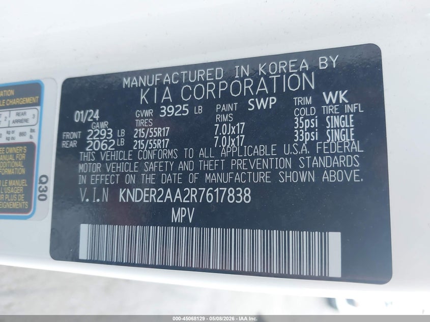 2024 Kia Seltos VIN KNDER2AA2R7617838 IAAI salvage auction — FRONT & REAR, Salvage (California), sold $6,050 on 2026-07-14 (photo 9)