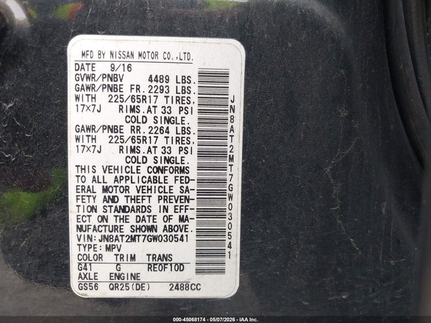 2016 Nissan Rogue VIN JN8AT2MT7GW030541 IAAI salvage auction — RIGHT SIDE, Original (Texas), sold $3,025 on 2026-07-08 (photo 9)
