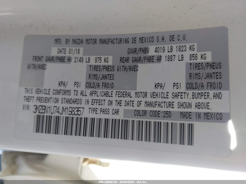 2018 Mazda 3 VIN 3MZBN1U74JM198357 IAAI salvage auction — LEFT FRONT, Salvage (Arizona), sold $3,150 on 2026-07-09 (photo 9)