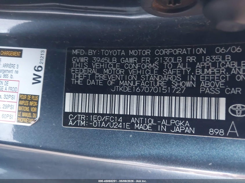 2007 Scion Tc VIN JTKDE167070151727 IAAI salvage auction — FRONT END, Salvage (California), sold $350 on 2026-07-07 (photo 9)
