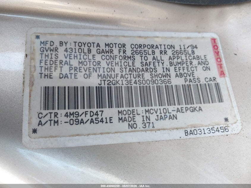 1995 Toyota Camry VIN JT2GK13E4S0090366 IAAI salvage auction — NORMAL WEAR, Salvage (Texas), sold $1,625 on 2026-07-17 (photo 9)