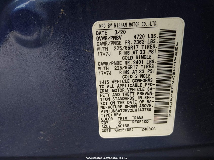 2020 Nissan Rogue VIN JN8AT2MV2LW143759 IAAI salvage auction — FRONT END, Parts Only Bos (Minnesota), sold $1,250 on 2026-07-29 (photo 9)