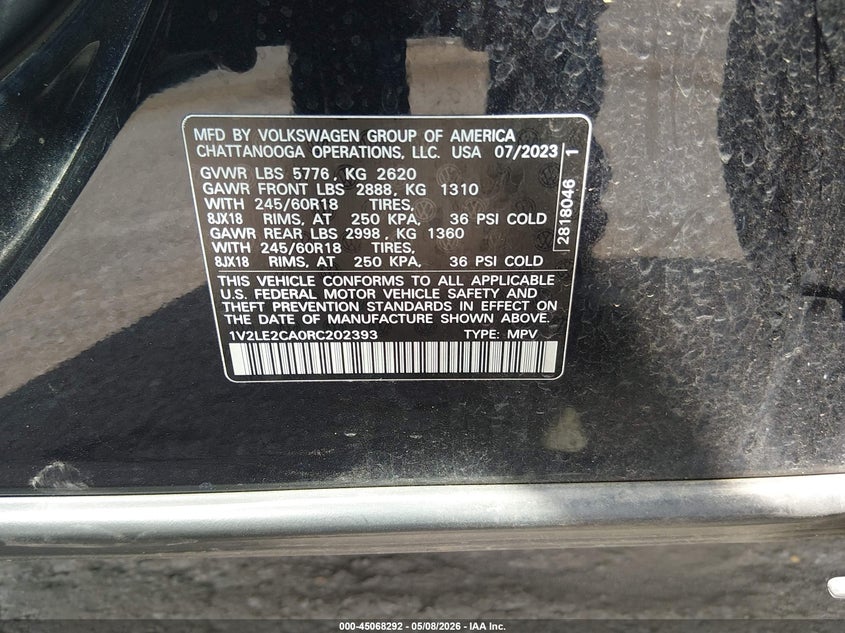 2024 Volkswagen Atlas cross sport VIN 1V2LE2CA0RC202393 IAAI salvage auction — HAIL, Salvage (Illinois), sold $11,200 on 2026-07-28 (photo 9)