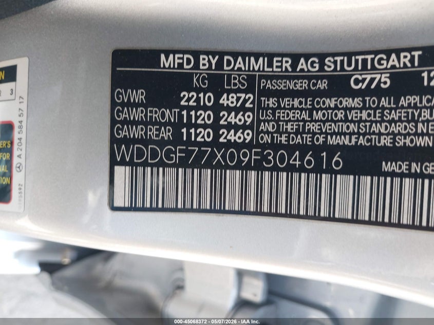 2009 Mercedes-benz C-klasse amg VIN WDDGF77X09F304616 IAAI salvage auction — LEFT SIDE, Salvage (California), sold $14,450 on 2026-09-02 (photo 9)
