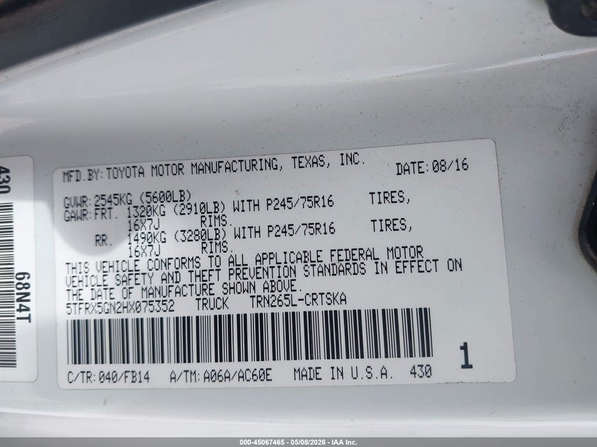 2017 Toyota Tacoma VIN 5TFRX5GN2HX075352 IAAI salvage auction — NORMAL WEAR, Original (Texas), sold $4,550 on 2026-07-27 (photo 9)