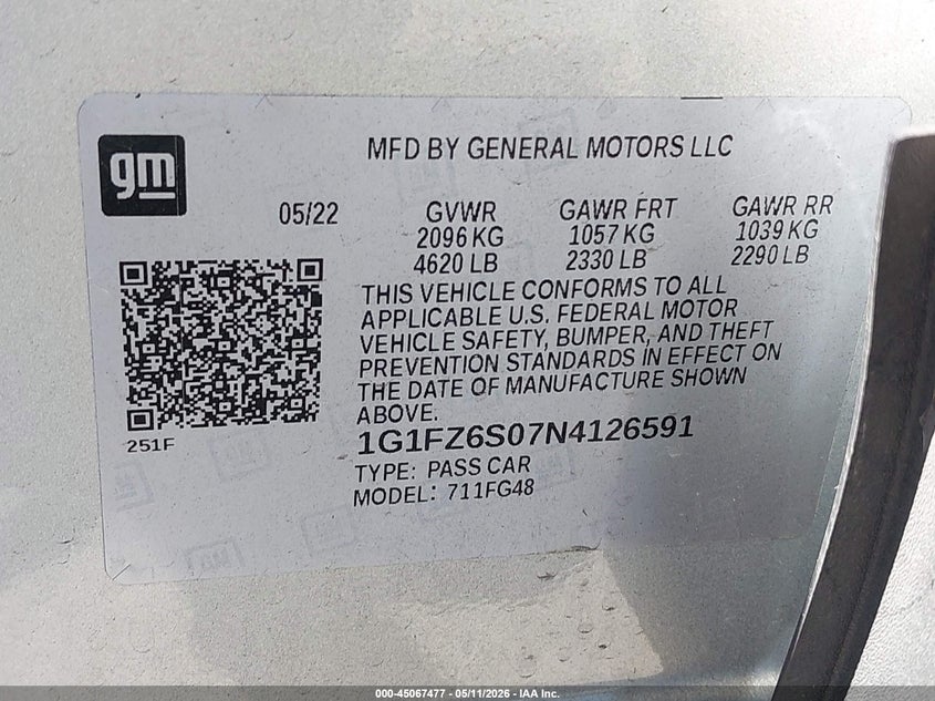 2022 Chevrolet Bolt euv VIN 1G1FZ6S07N4126591 IAAI salvage auction — FRONT END, Salvage Title, sold $5,100 on 2026-07-09 (photo 9)