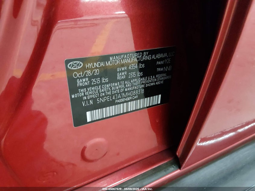 2021 Hyundai Sonata VIN 5NPEL4JA1MH088318 IAAI salvage auction — FRONT & REAR, Salvage (Arizona), sold $3,050 on 2026-07-28 (photo 9)