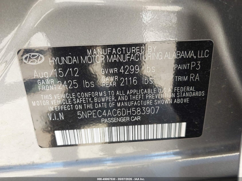2013 Hyundai Sonata VIN 5NPEC4AC6DH583907 IAAI salvage auction — RIGHT FRONT, Salvage (Oklahoma), sold $800 on 2026-07-08 (photo 9)