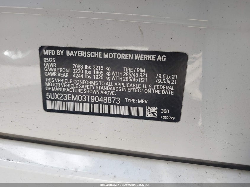 2026 BMW X7 VIN 5UX23EM03T9048873 IAAI salvage auction — REAR END, Salvage (Massachusetts), sold $42,750 on 2026-07-13 (photo 9)