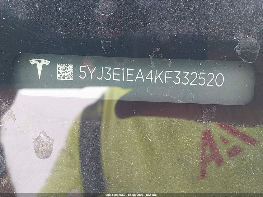 2019 Tesla Model 3 VIN 5YJ3E1EA4KF332520 IAAI salvage auction — HAIL, Original (Texas), sold $6,950 on 2026-07-23 (photo 9)