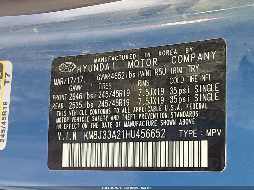 2017 Hyundai Tucson VIN KM8J33A21HU456652 IAAI salvage auction — FRONT END, Salvage (Oklahoma), sold $2,650 on 2026-07-28 (photo 9)