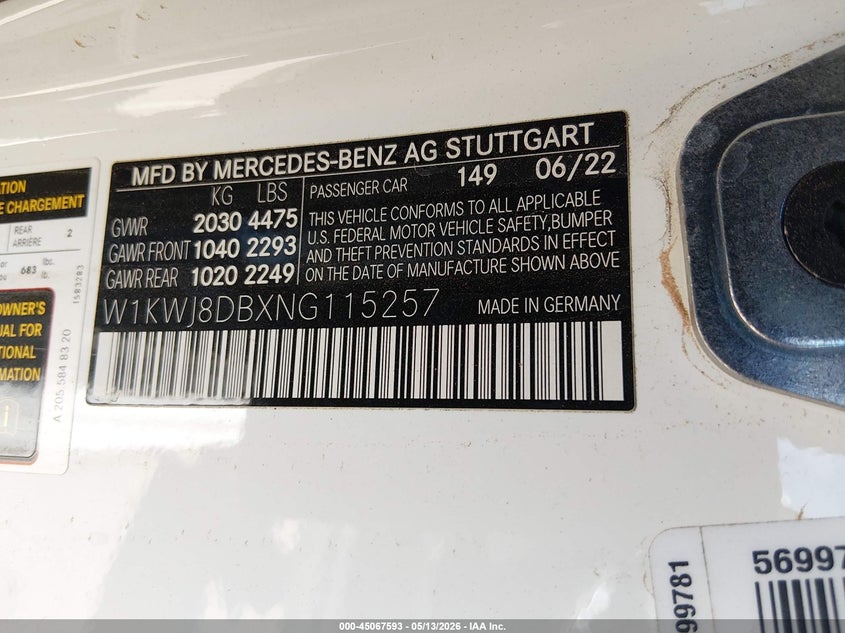 2022 Mercedes-benz VIN W1KWJ8DBXNG115257 IAAI salvage auction — FRONT & REAR, Original (Texas), sold $3,750 on 2026-07-22 (photo 9)