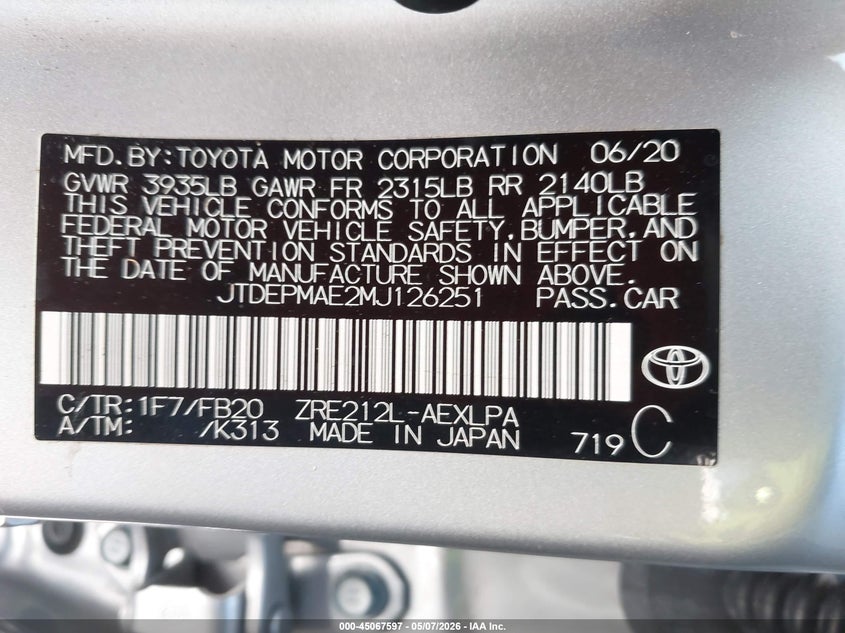 2021 Toyota Corolla VIN JTDEPMAE2MJ126251 IAAI salvage auction — FRONT END, Rebuildable (Florida), sold $4,925 on 2026-07-09 (photo 9)