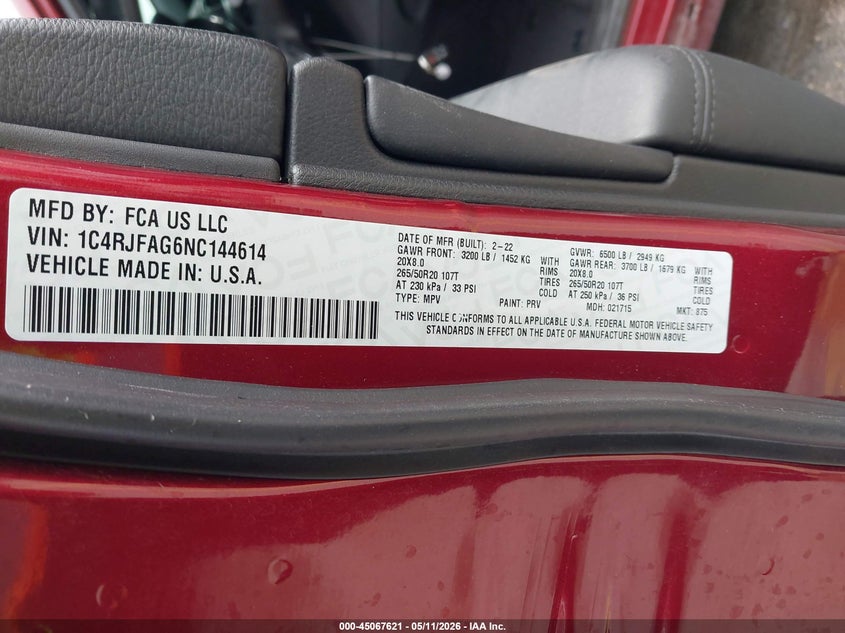 2022 Jeep Grand cherokee VIN 1C4RJFAG6NC144614 IAAI salvage auction — LEFT SIDE, Original (Texas), sold $7,300 on 2026-07-30 (photo 9)