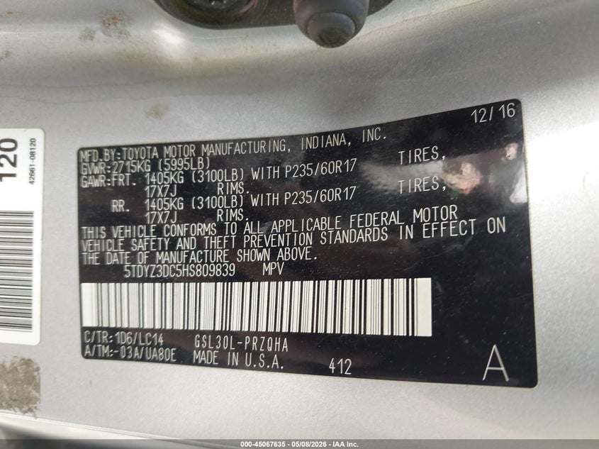 2017 Toyota Sienna VIN 5TDYZ3DC5HS809839 IAAI salvage auction — FRONT END, Salvage (Virginia), sold $1,900 on 2026-07-21 (photo 9)