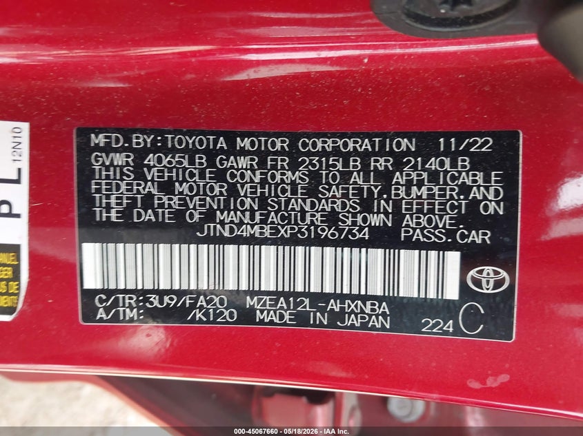 2023 Toyota Corolla VIN JTND4MBEXP3196734 IAAI salvage auction — FRONT END, Original (Texas), sold $5,100 on 2026-07-16 (photo 9)