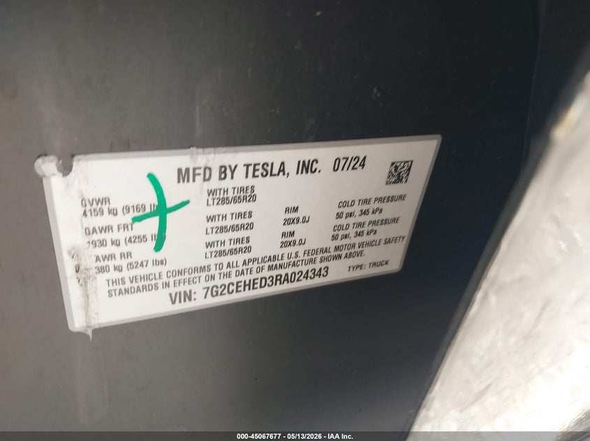 2024 Tesla Cybertruck VIN 7G2CEHED3RA024343 IAAI salvage auction — SIDE, Original (Texas), sold $31,350 on 2026-07-16 (photo 9)